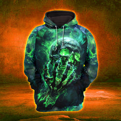 Women Hoodie and Leggings, Green Flaming Skull Outwear Pants Outfit