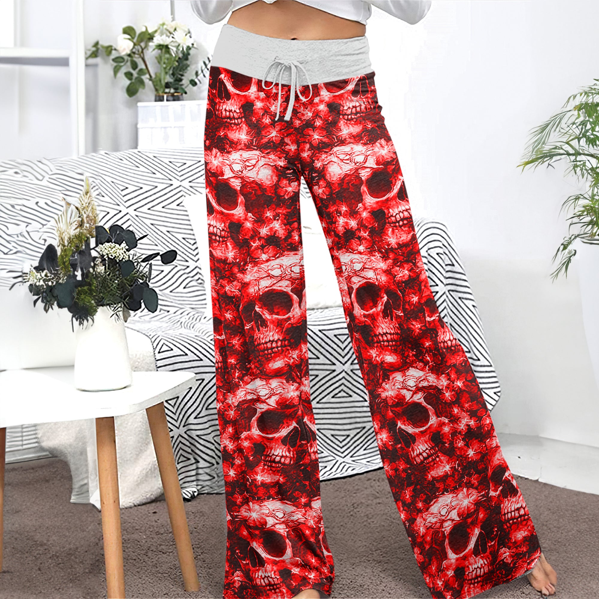 Red Skull Orchid Pattern Women's High-waisted Wide Leg Pants