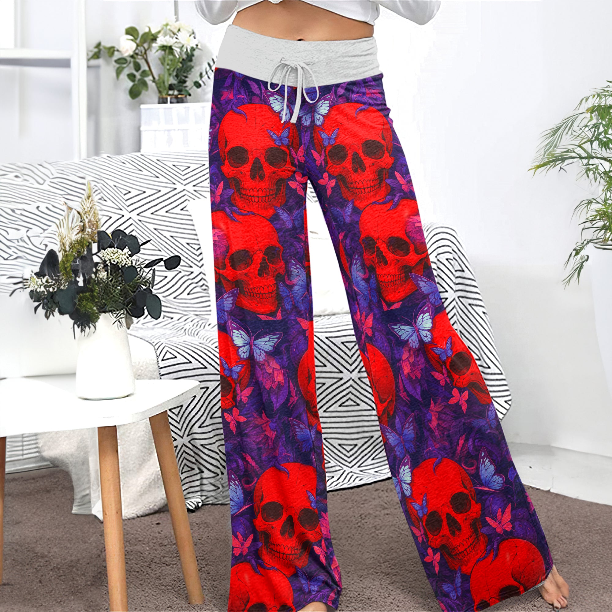 Red Skull Abstract Pattern Women's High-waisted Wide Leg Pants