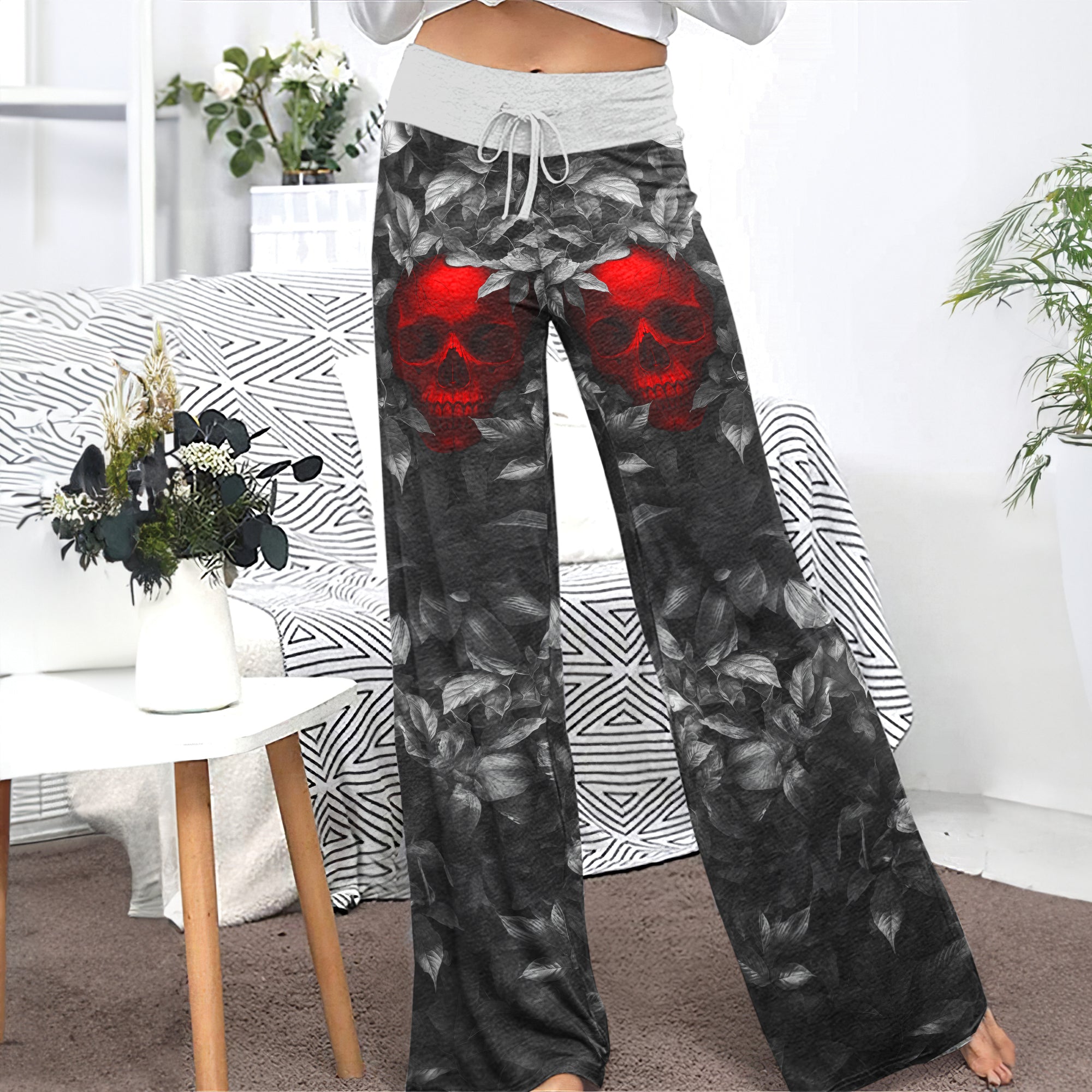Red Skull Leaf Art Women's High-waisted Wide Leg Pants