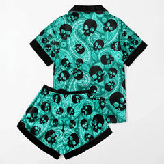 Cyan Paisley Skull Women's Pajama Sets Top Sleeve & Short Bottom