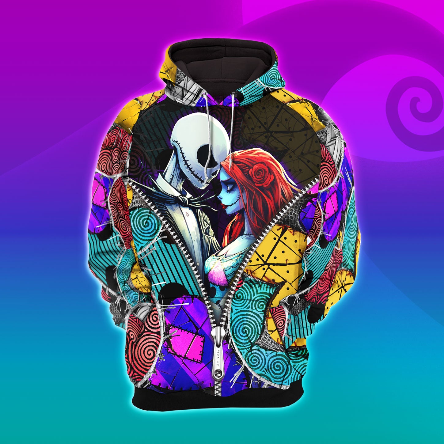 Zipper Couple Nightmare Art Combo Hoodie and Leggings - Dark and edgy matching set with skull designs for a unique and stylish look.