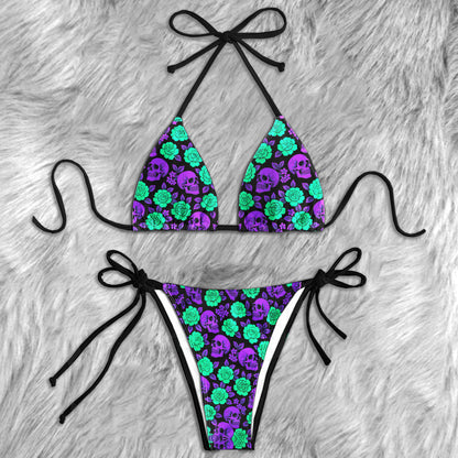 Holographic Macabre Floral Skull Mirage Micro Triangle Bikini Swimsuit