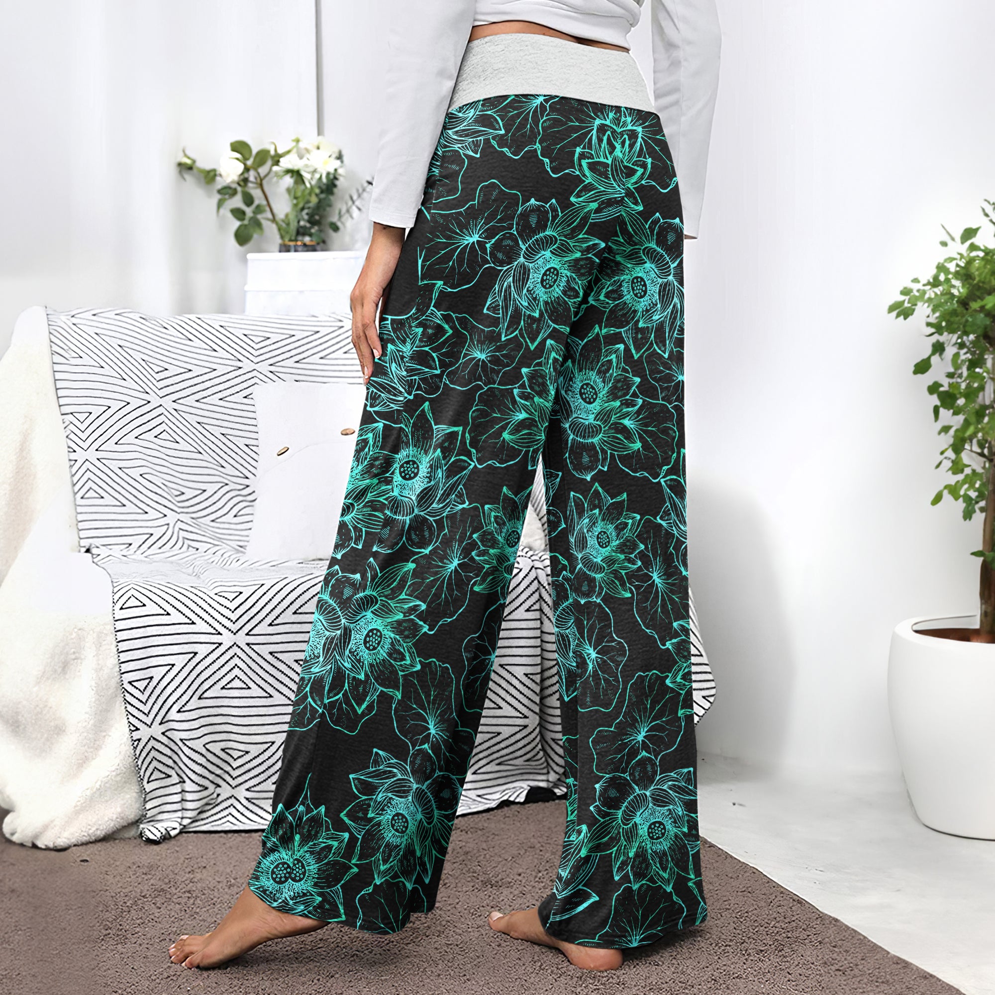 Cyan Floral Nightmare Theme Women's High-waisted Wide Leg Pants | Wonder Skull