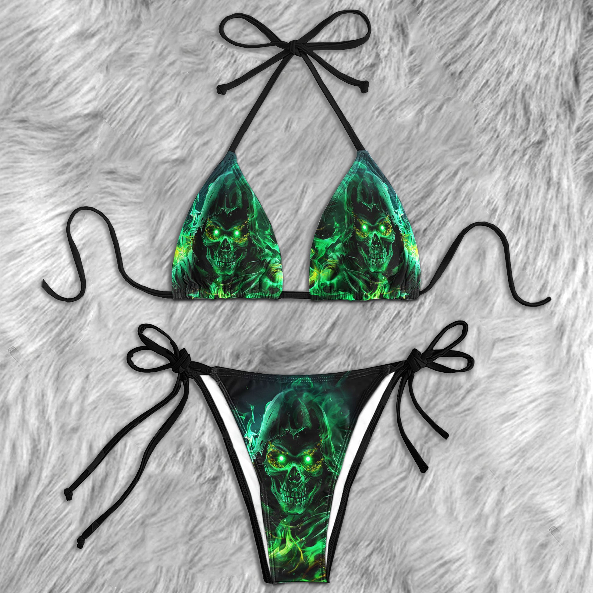 Green Fire Grim Reaper Micro Triangle Bikini Swimsuit - Wonder Skull