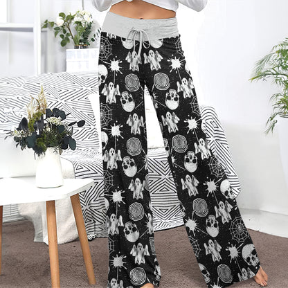 Halloween Skull Pattern Women's High-waisted Wide Leg Pants