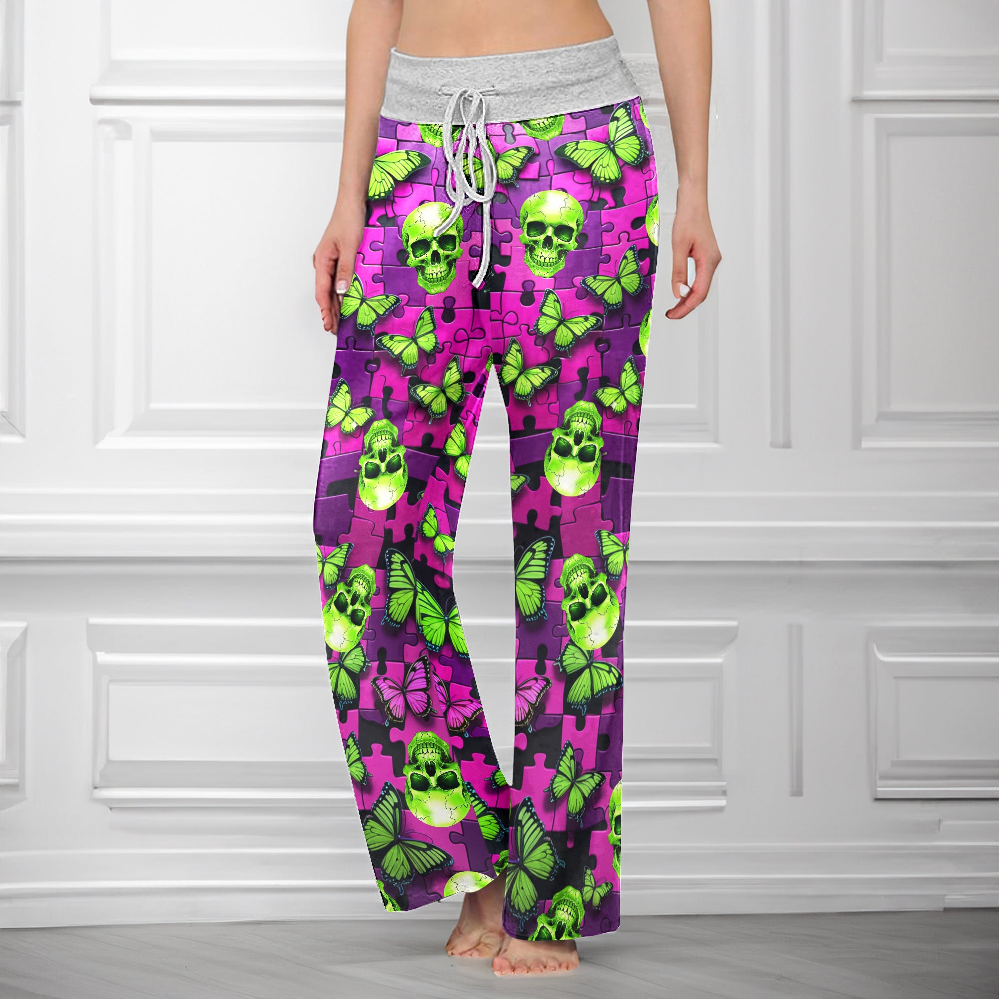 Neon Purple Puzzle Skull Women's High-waisted Wide Leg Pants