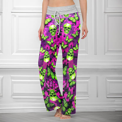 Neon Purple Puzzle Skull Women's High-waisted Wide Leg Pants