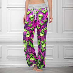 Neon Purple Puzzle Skull Women's High-waisted Wide Leg Pants