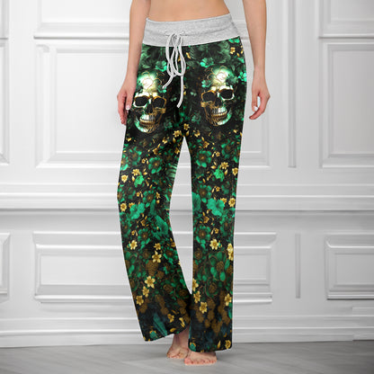 Emerald Gilded Skull Art Women's High-waisted Wide Leg Pants