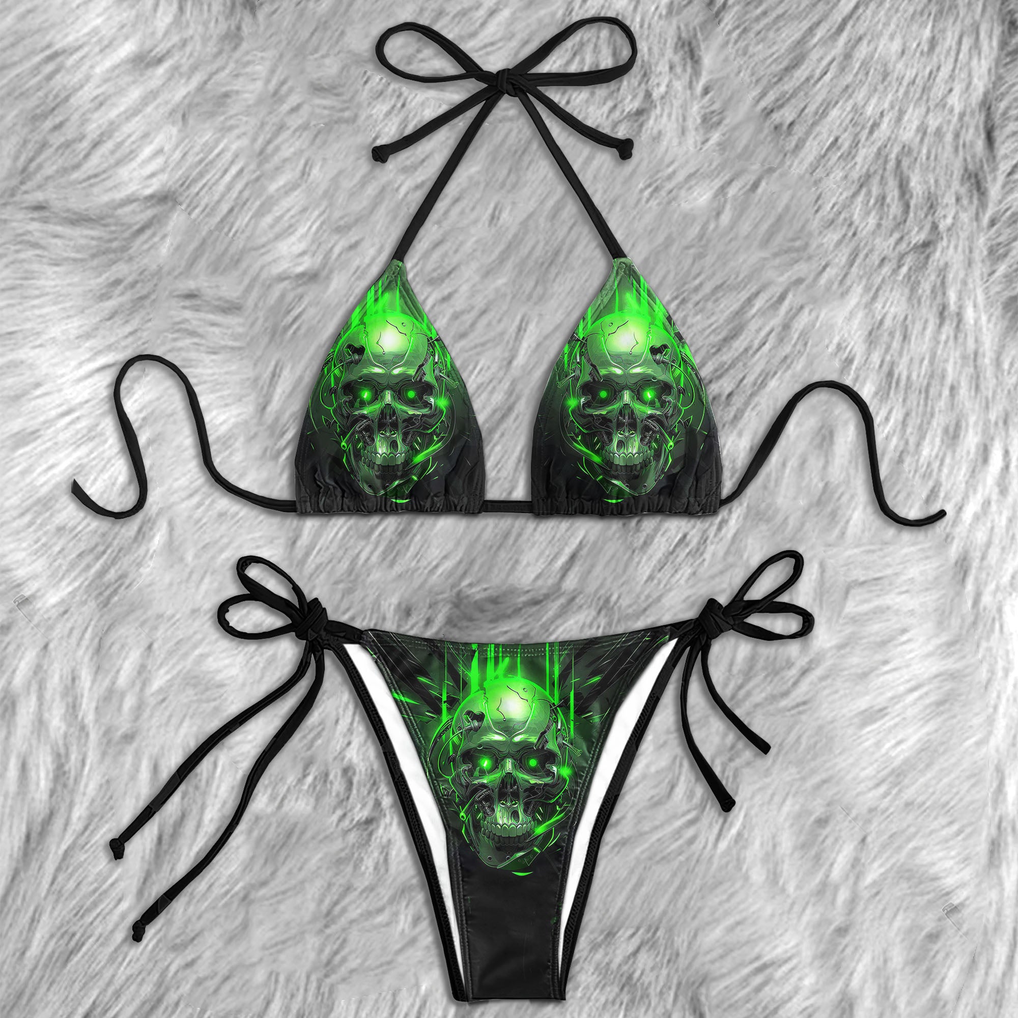 Green Mechanical Skull Micro Triangle Bikini Swimsuit - Wonder Skull