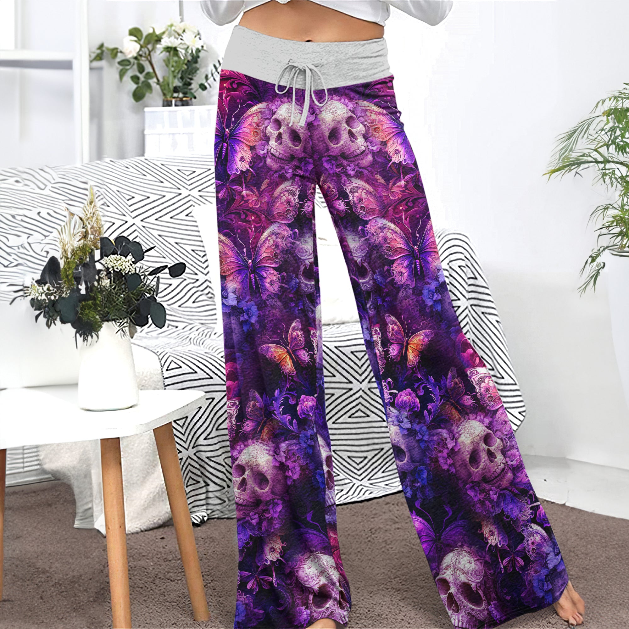 Purple Skull Butterfly Pattern Women's High-waisted Wide Leg Pants