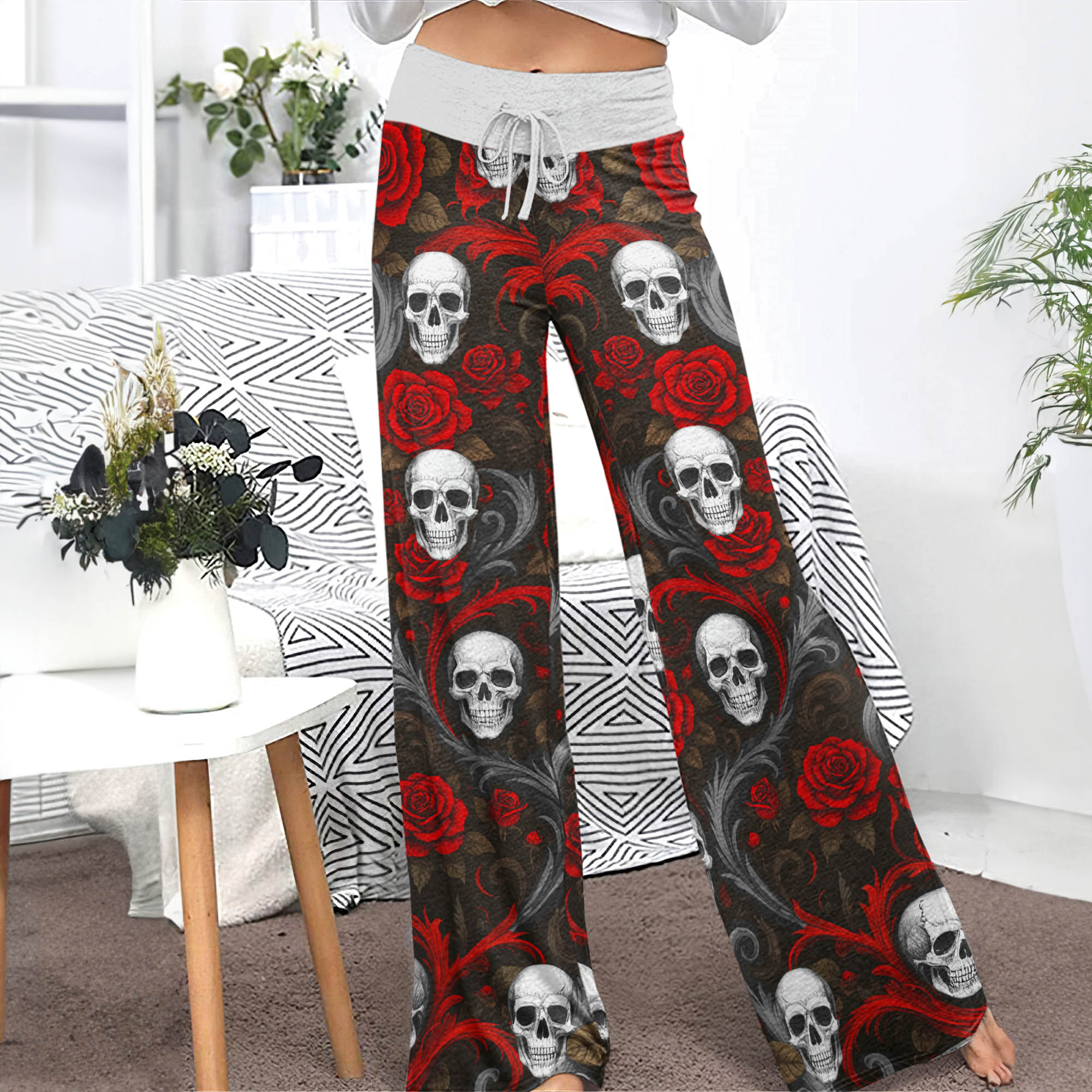 Baroque Blood Skull Roses Women's High-waisted Wide Leg Pants