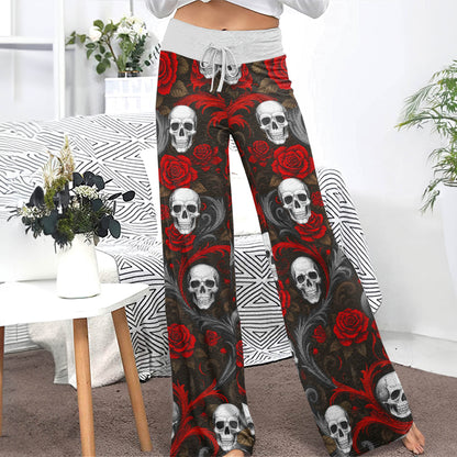 Baroque Blood Skull Roses Women's High-waisted Wide Leg Pants