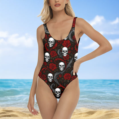 One Piece Bikini Scarlet Roses Skull Floral Print Swimwear