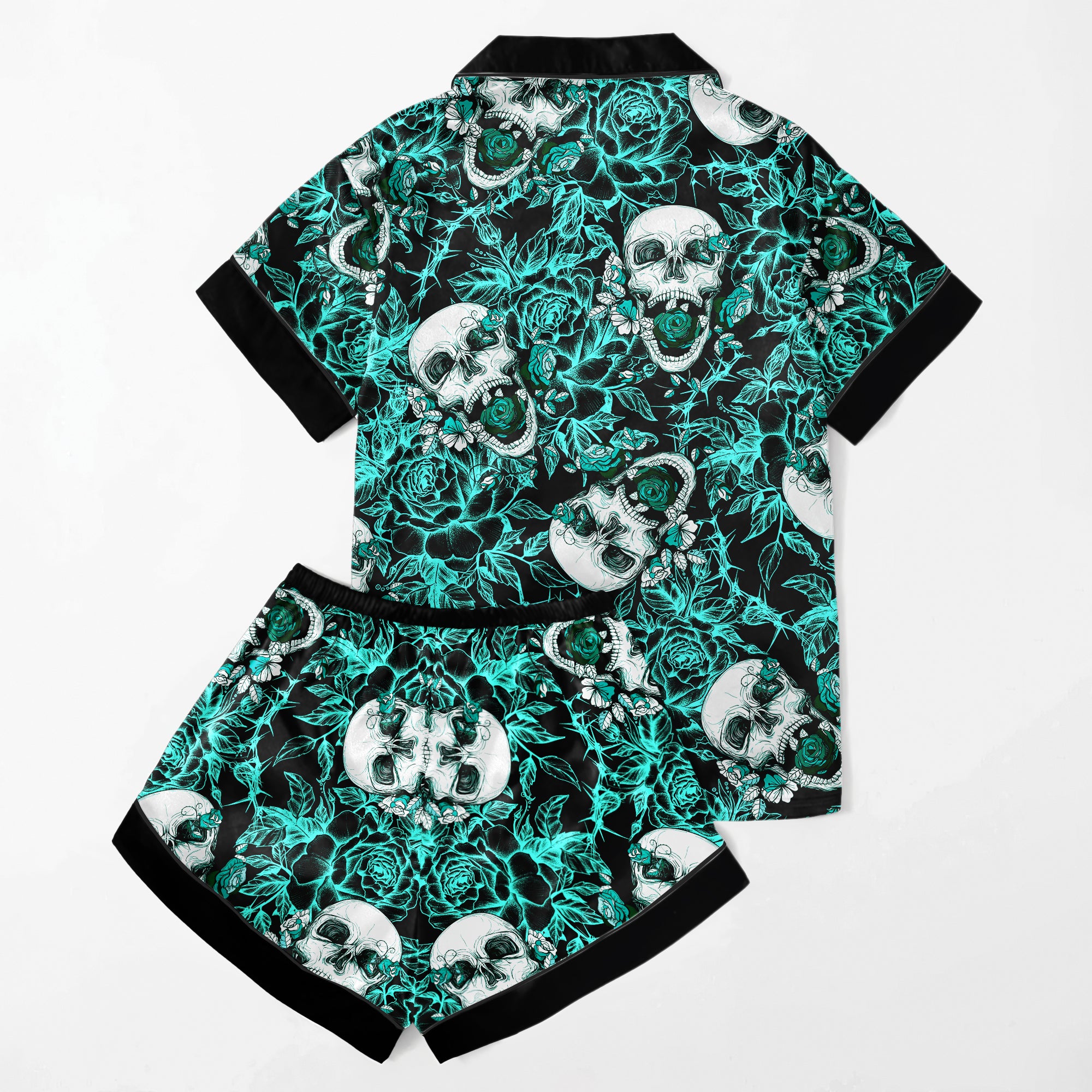 Cyan Skull Floral Women's Pajama Sets Top Sleeve & Short Bottom