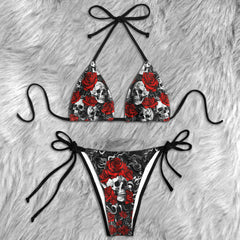 Red Roses Gothic Skull Micro Triangle Bikini Swimsuit