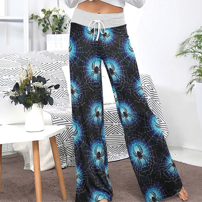 Neon Cyan Arachnid Web Women's High-waisted Wide Leg Pants