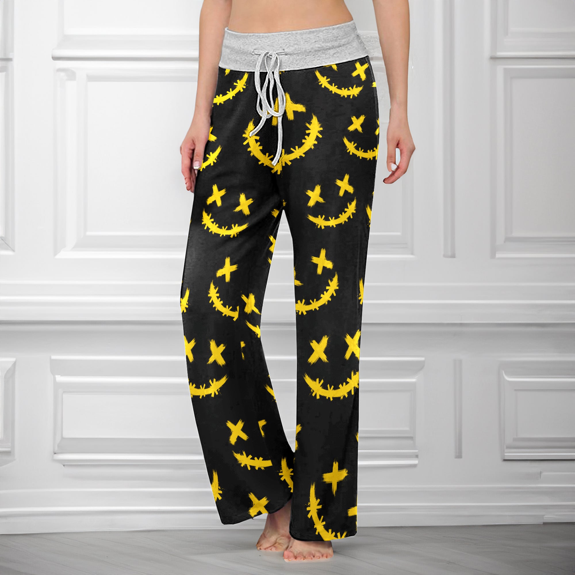 Yellow Stitch Faces Pattern Women's High-waisted Wide Leg Pants