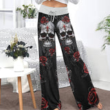 Skull Rose Dark Gothic Women's High-waisted Wide Leg Pants | Wonder Skull