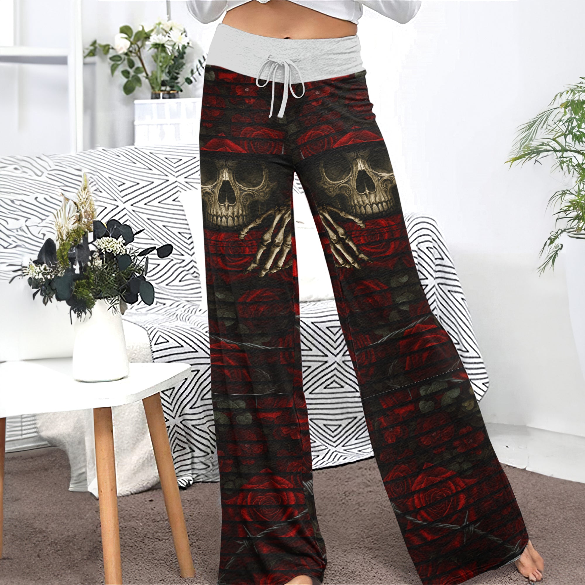 Barbed Heart Skull Rose Women's High-waisted Wide Leg Pants