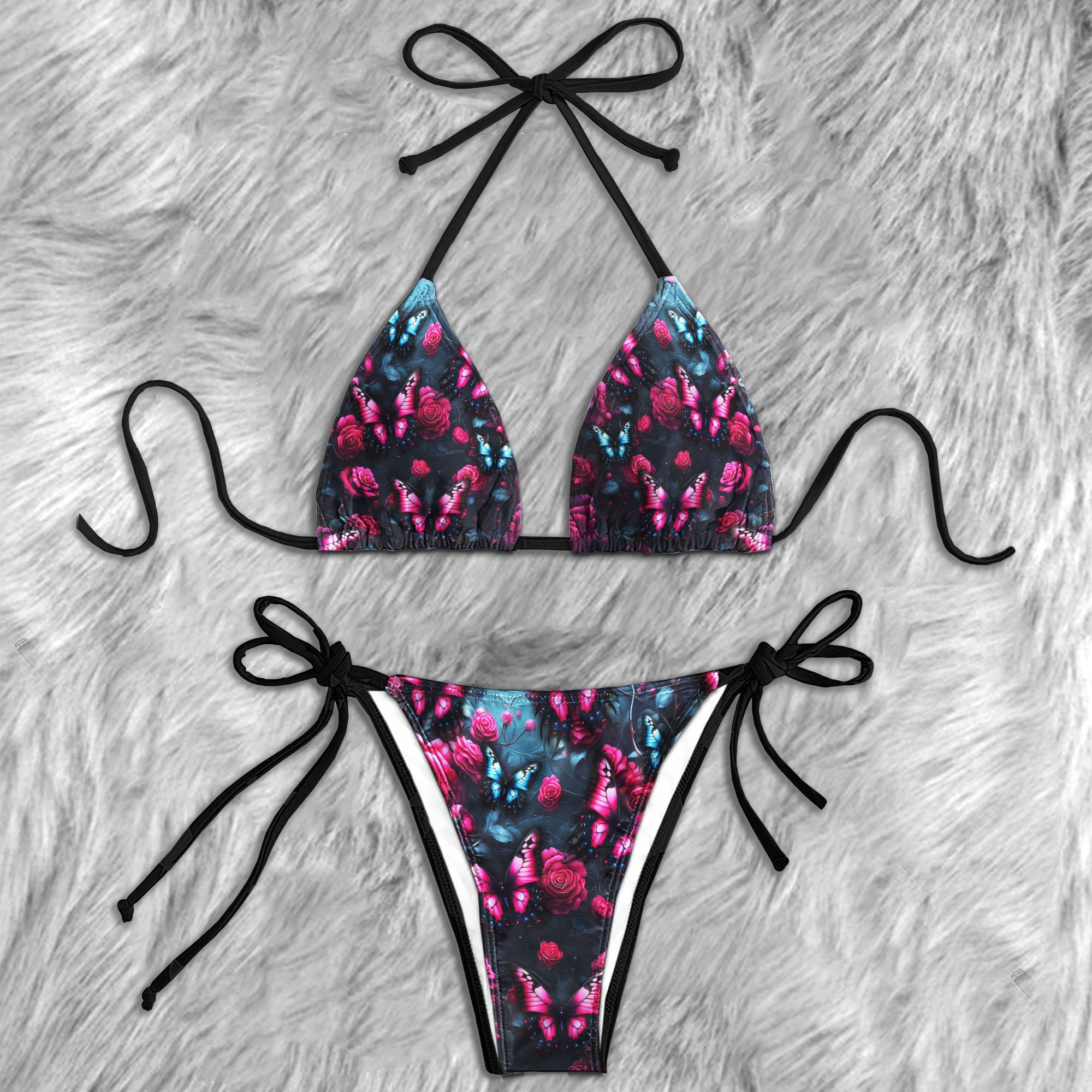 Pink Skull Butterfly Pattern Micro Triangle Bikini Swimsuit