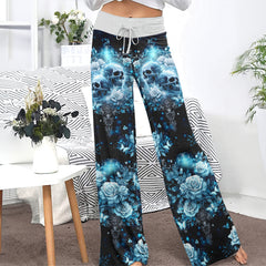 Cyan Galaxy Skull Rose Women's High-waisted Wide Leg Pants