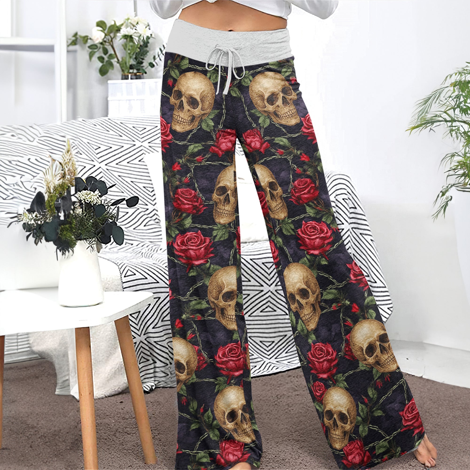 Gothic Skull Rose Art Women's High-waisted Wide Leg Pants