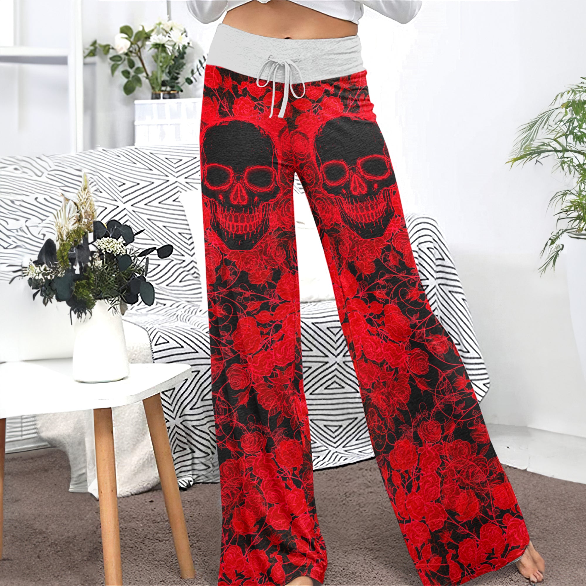 Red Neon Skull Rose Women's High-waisted Wide Leg Pants