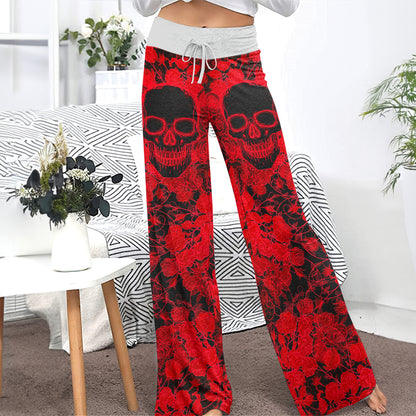 Red Neon Skull Rose Women's High-waisted Wide Leg Pants
