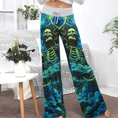 Skull Art Smoke Cyan Women's High-waisted Wide Leg Pants | Wonder Skull