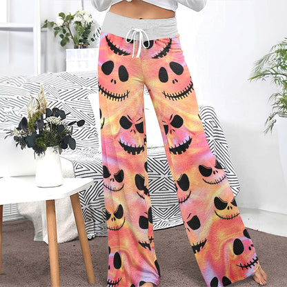 Psychedelic Skulls Pattern Women's High-waisted Wide Leg Pants