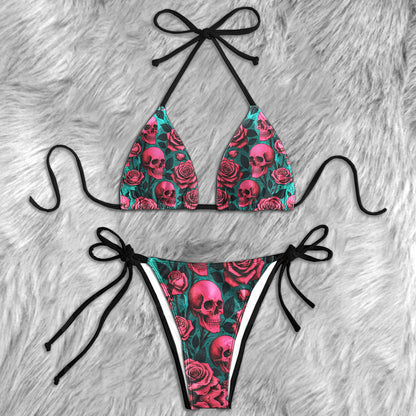 Vintage Floral Skull Rose Micro Triangle Bikini Swimsuit