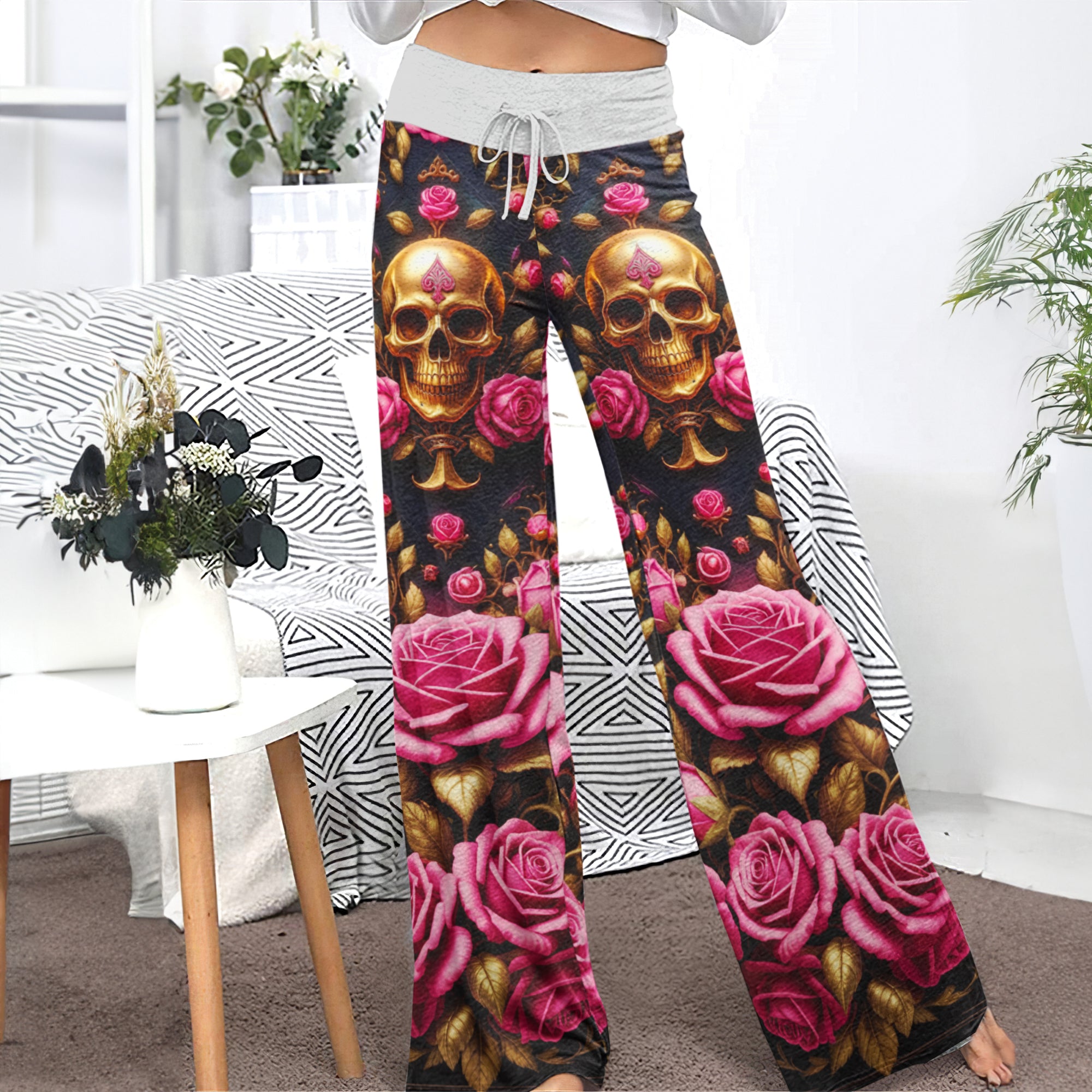Skull Rose Royal Art Women's High-waisted Wide Leg Pants