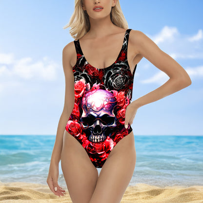 One Piece Bikini Red Skull Rose Grunge Print Swimwear