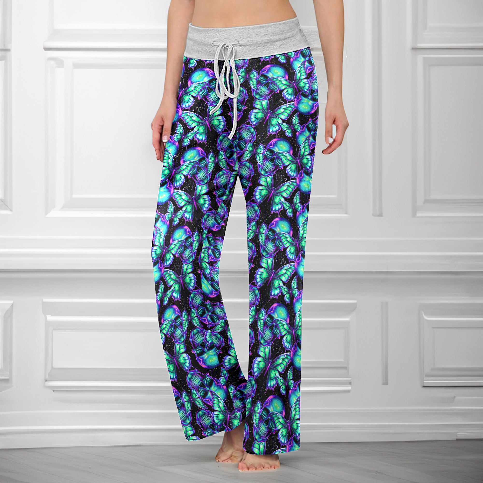 Neon Mystic Butterfly Skulls Women's High-waisted Wide Leg Pants