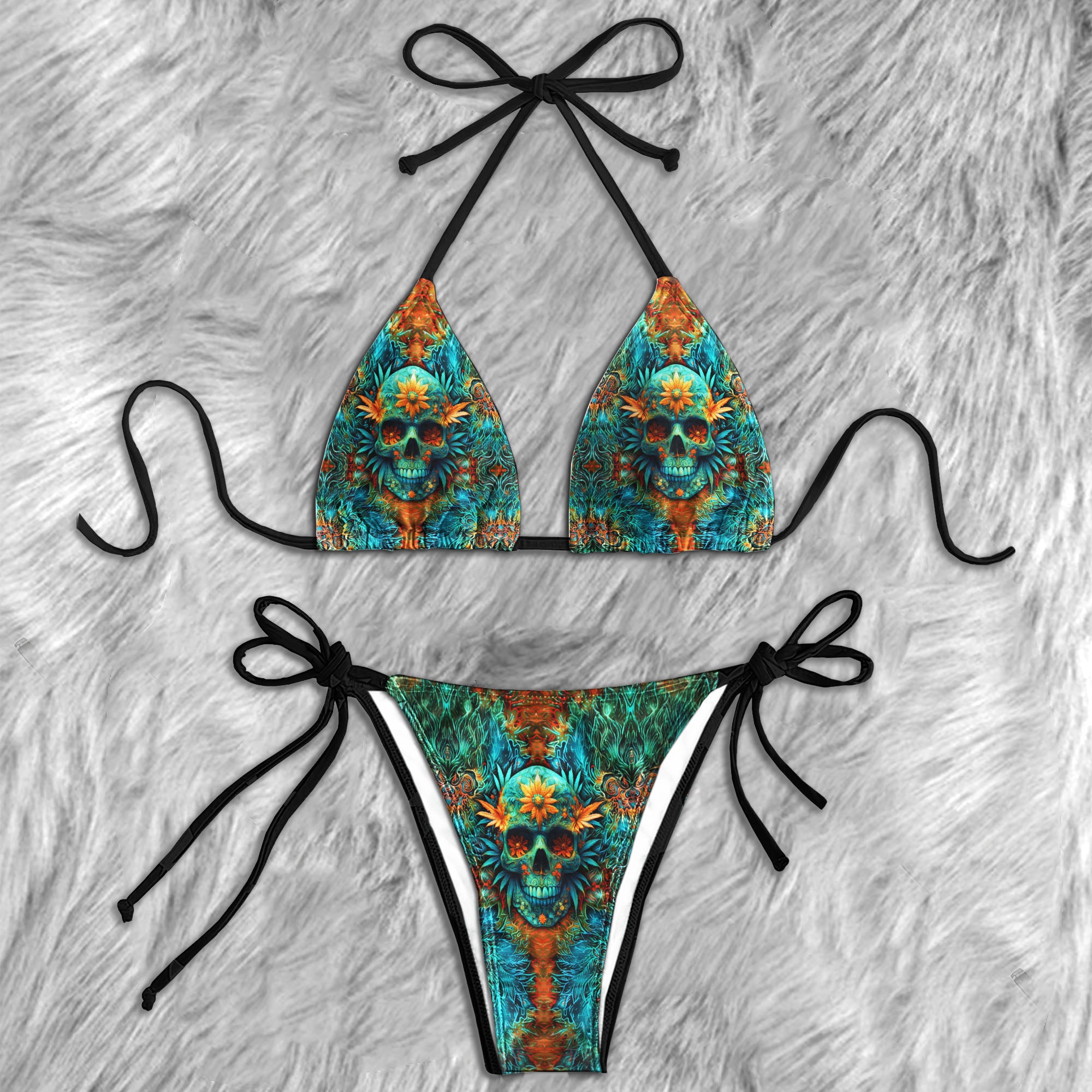 Bloomed Leaf Skull Illusion Micro Triangle Bikini Swimsuit