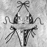 Black White Psycho Skull Pattern Micro Triangle Bikini Swimsuit - Wonder Skull