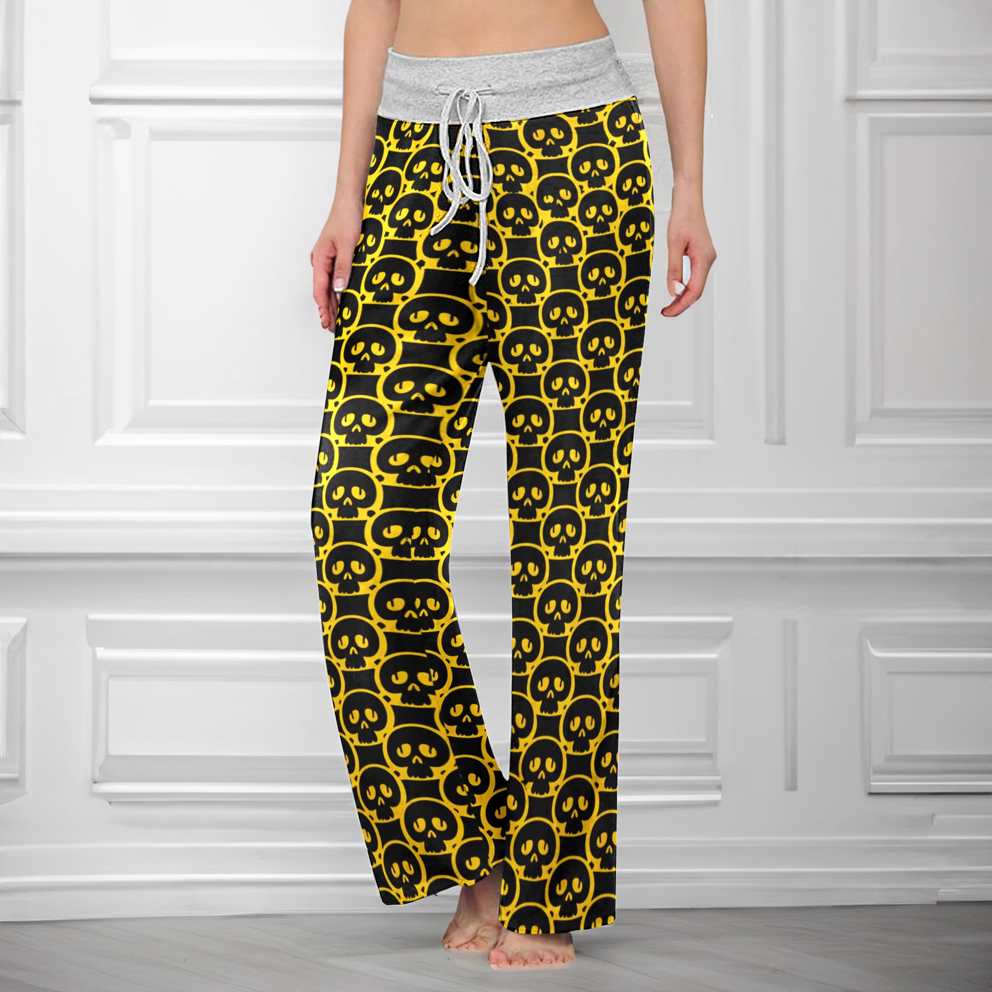 Bold Skull Yellow Pattern Women's High-waisted Wide Leg Pants
