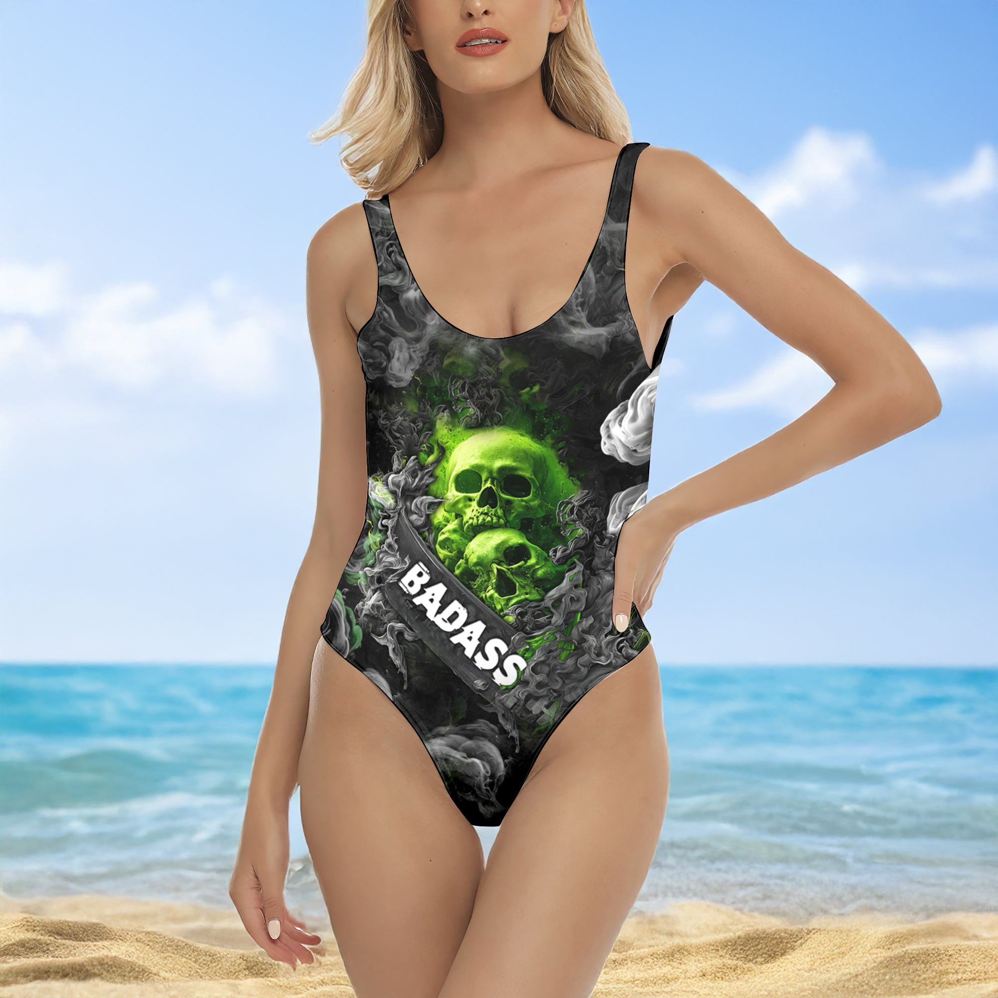 One Piece Bikini Green Smoke Skull Print Swimwear
