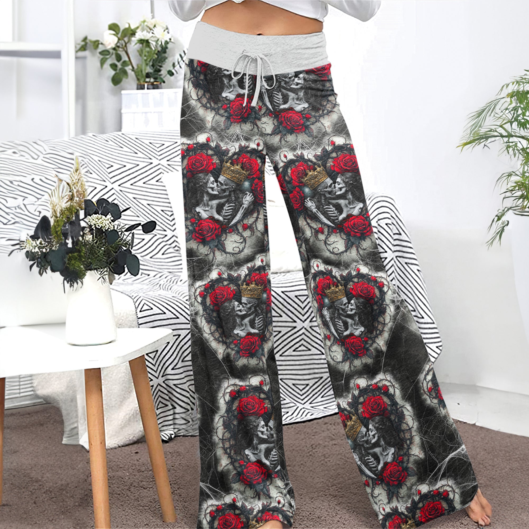 Couple Skeleton Gothic Pattern Women's High-waisted Wide Leg Pants