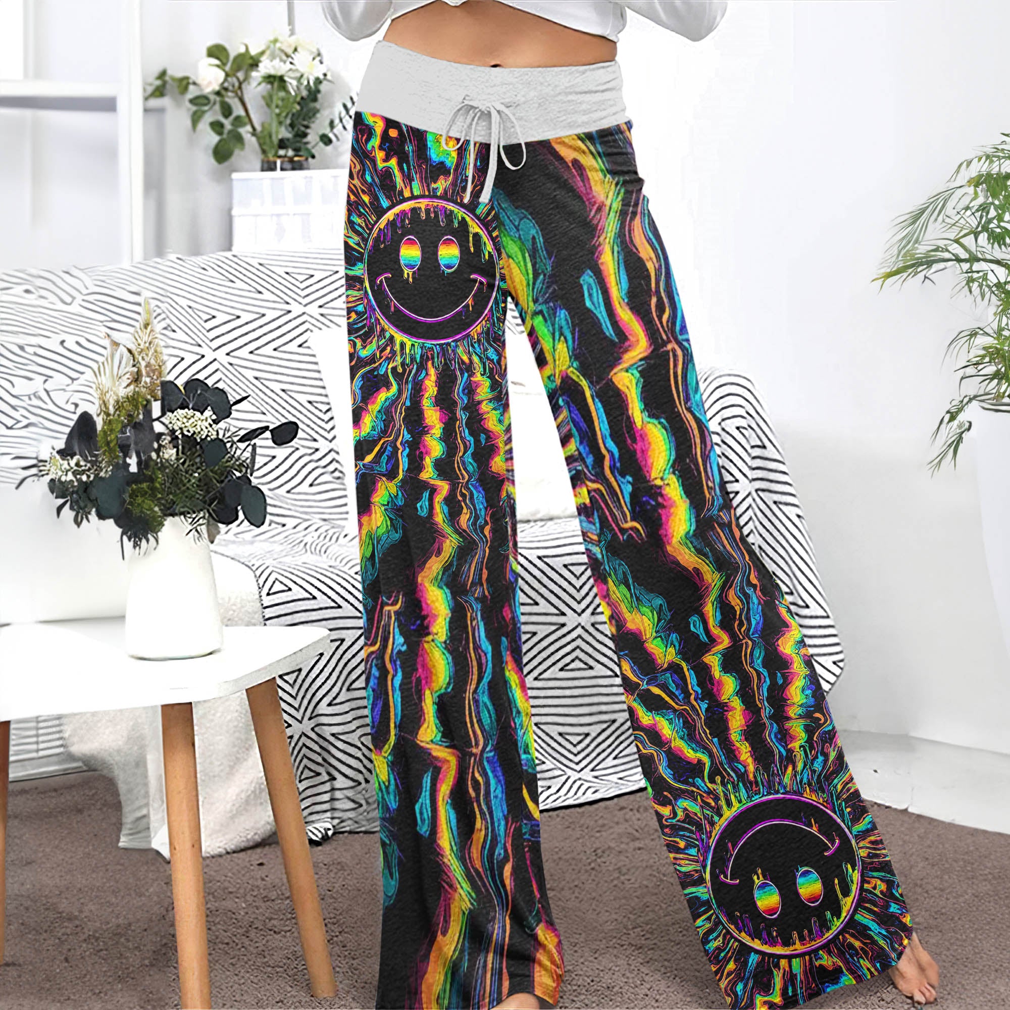 Rainbow Melt Face Women's High-waisted Wide Leg Pants