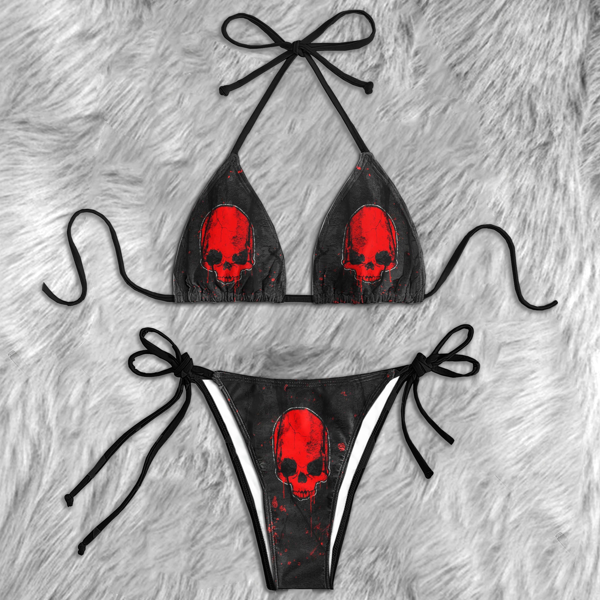 Crimson Skull Stone Pattern Micro Triangle Bikini Swimsuit