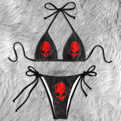 Crimson Skull Stone Pattern Micro Triangle Bikini Swimsuit