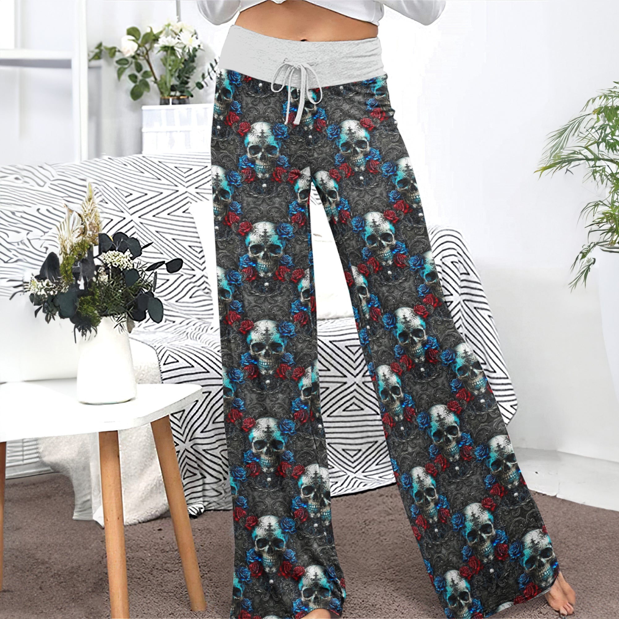 Shadowed Azure Skulls Women's High-waisted Wide Leg Pants