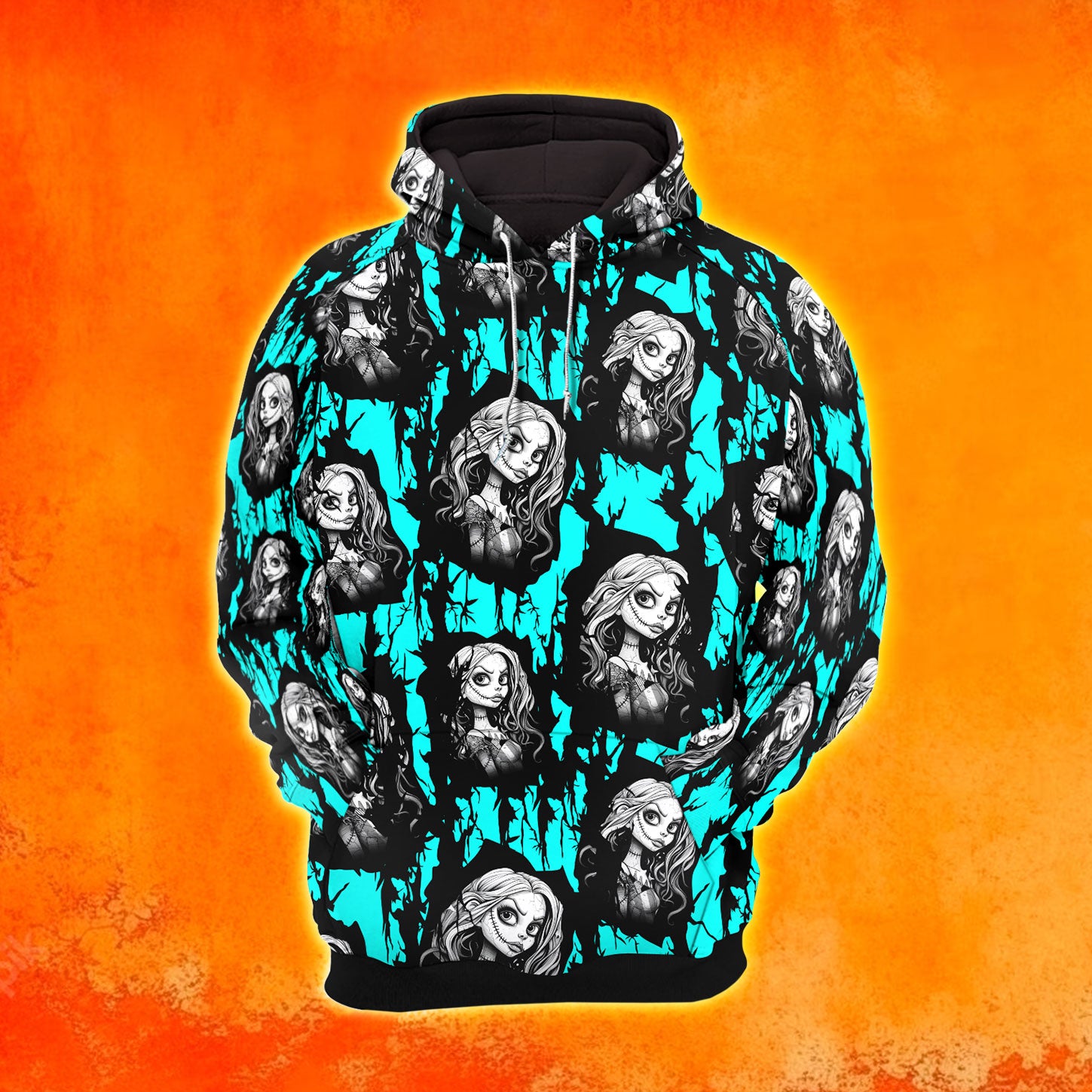 Cyan Nightmare Art Combo Hoodie and Leggings - Dark and edgy matching set with skull designs for a unique and stylish look