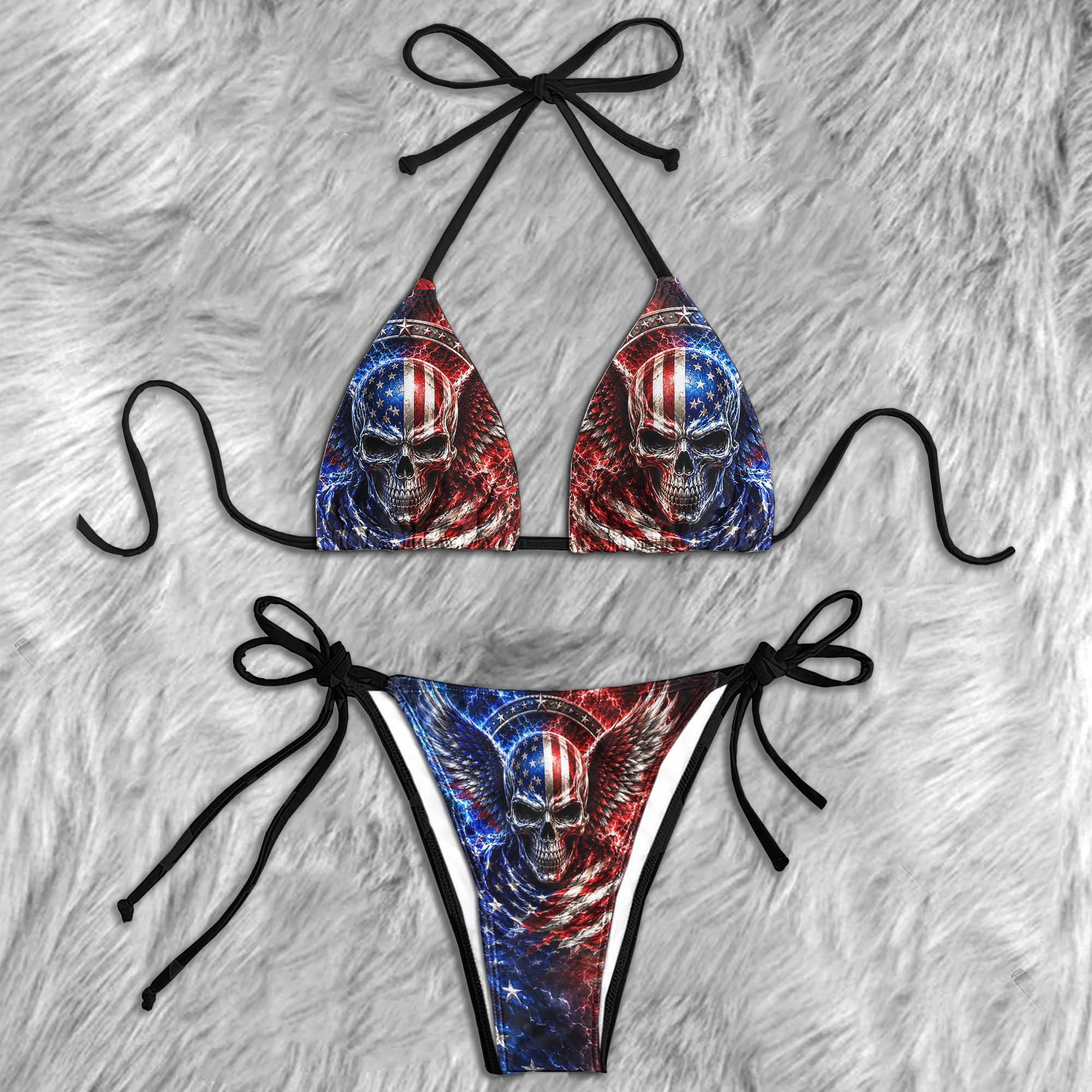 Metallic USA Skull Graphic Micro Triangle Bikini Swimsuit