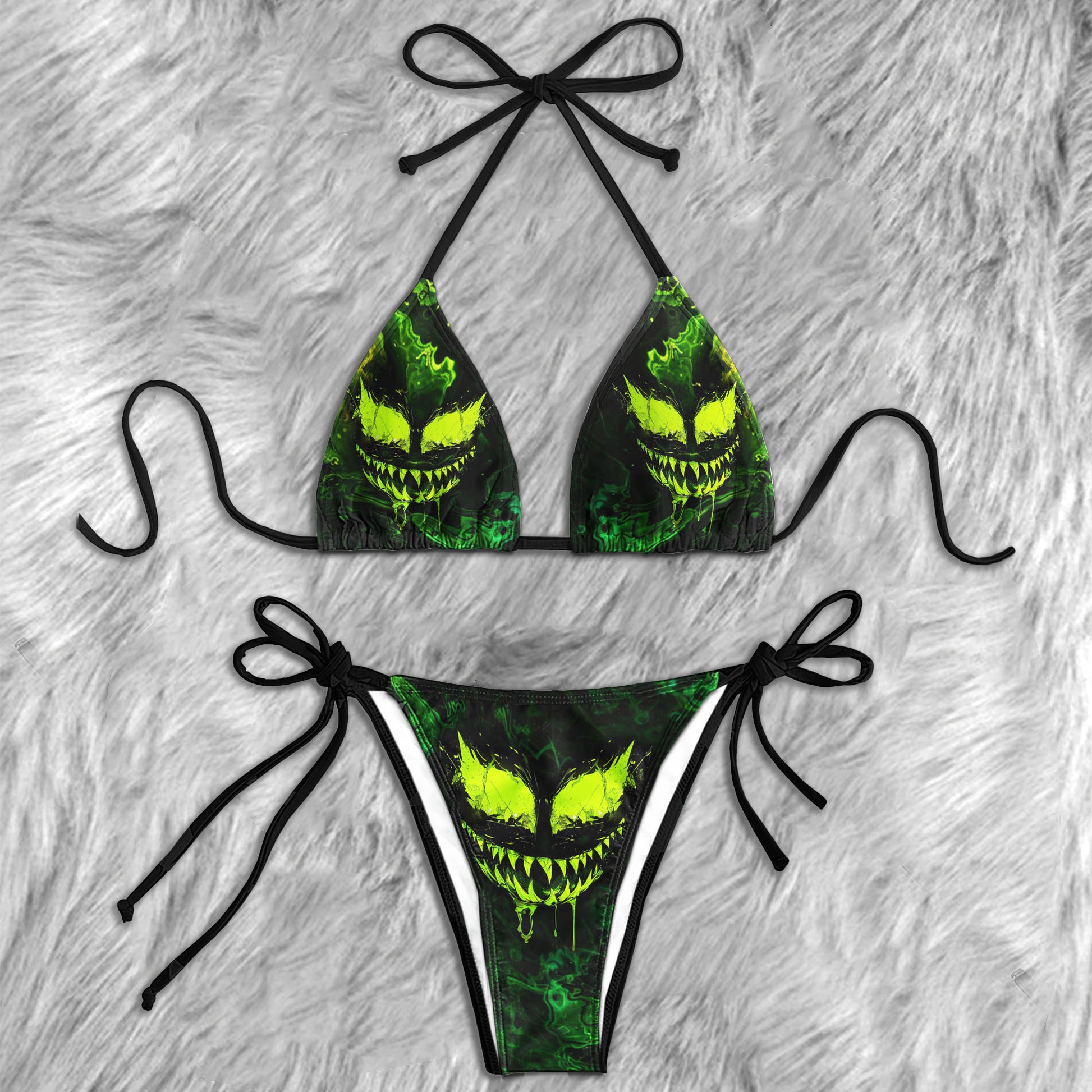 Green Scary Face Micro Triangle Bikini Swimsuit - Wonder Skull