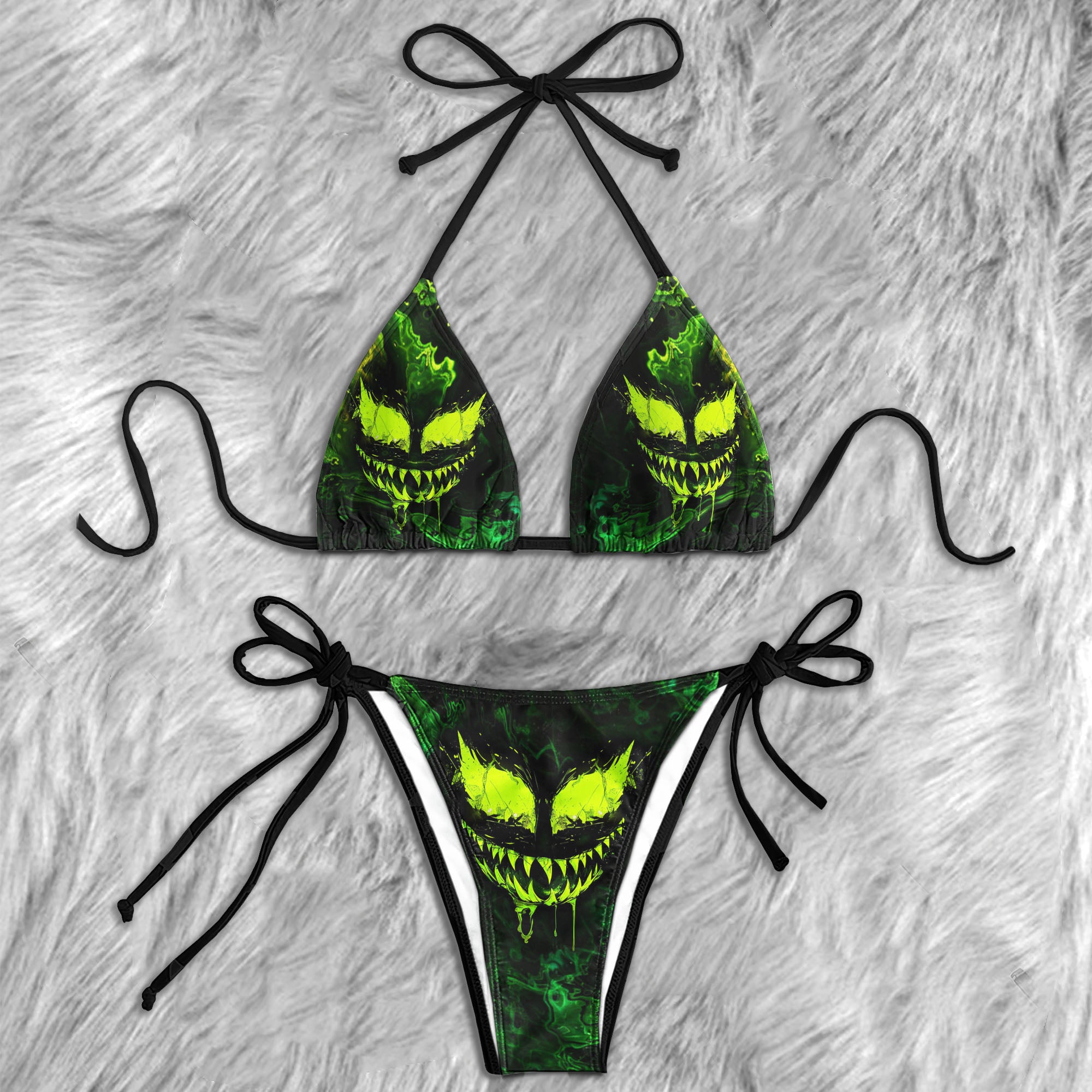 Green Scary Face Micro Triangle Bikini Swimsuit - Wonder Skull