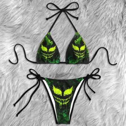 Green Scary Face Micro Triangle Bikini Swimsuit - Wonder Skull